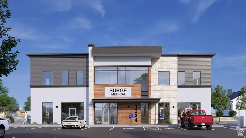Modern commercial building featuring a multi-textured facade with stone, wood-finish paneling, and smooth stucco