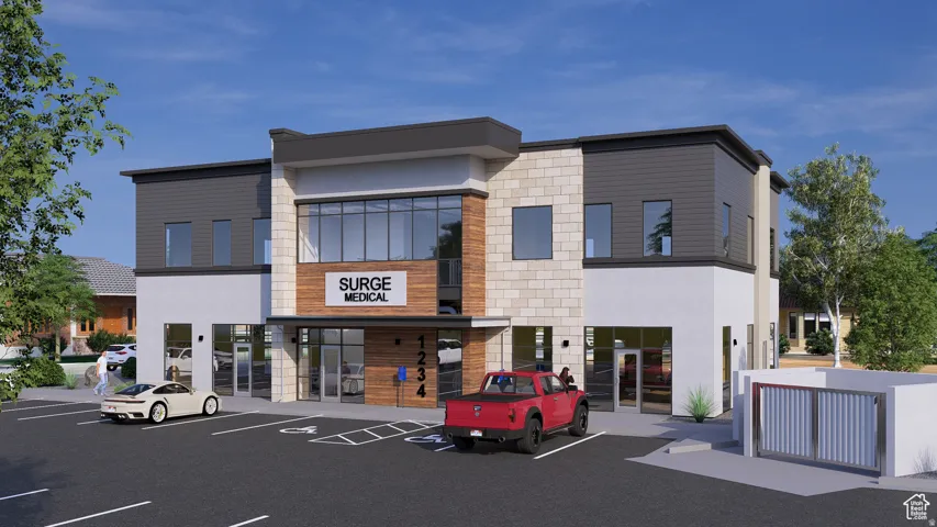 Modern two-story commercial building featuring stone and siding exterior accents