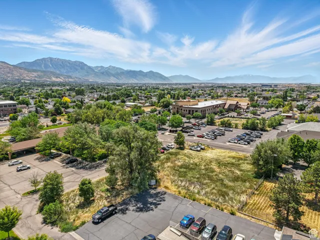 Expansive mountain backdrop framing a diverse urban landscape with established trees and commercial buildings