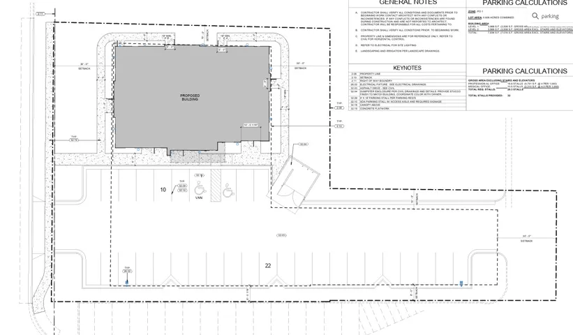 Site Plan. Illustrating the proposed building, parking layout, and general notes with keynotes and parking calculations for the property