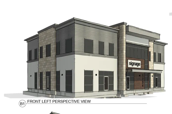 Contemporary multi-story facade featuring stone veneer accents, horizontal siding, and stucco finishes