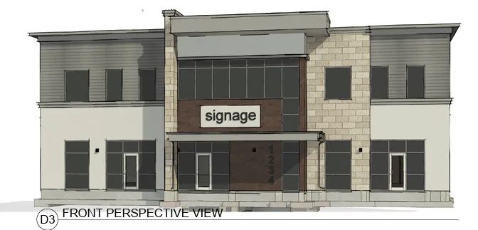 Modern commercial facade featuring a mix of horizontal siding, brick, and stucco finishes