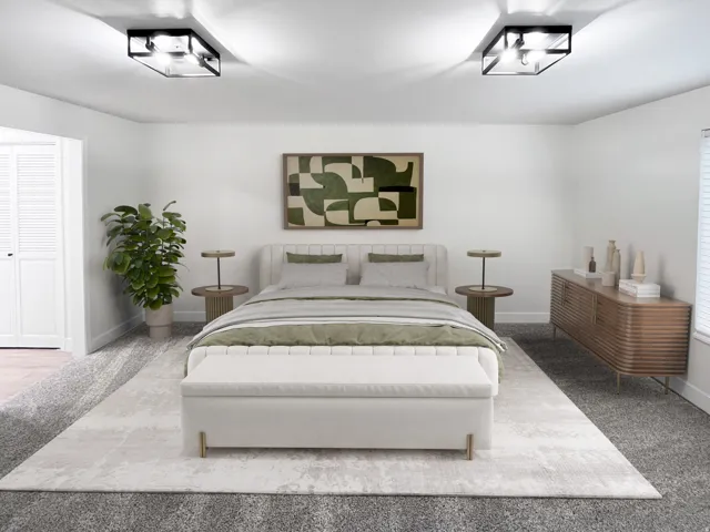 VIRTUALLY STAGED-Primary Bedroom featuring tall baseboards, cozy plush carpet, warm tones, and convenient bathroom
