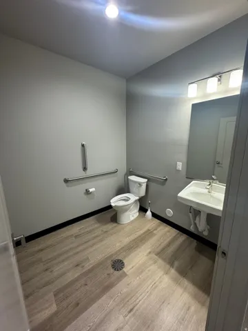 Bathroom featuring wood-finish flooring, a wall-mounted sink, a vanity mirror with sconce lighting, and grab bars