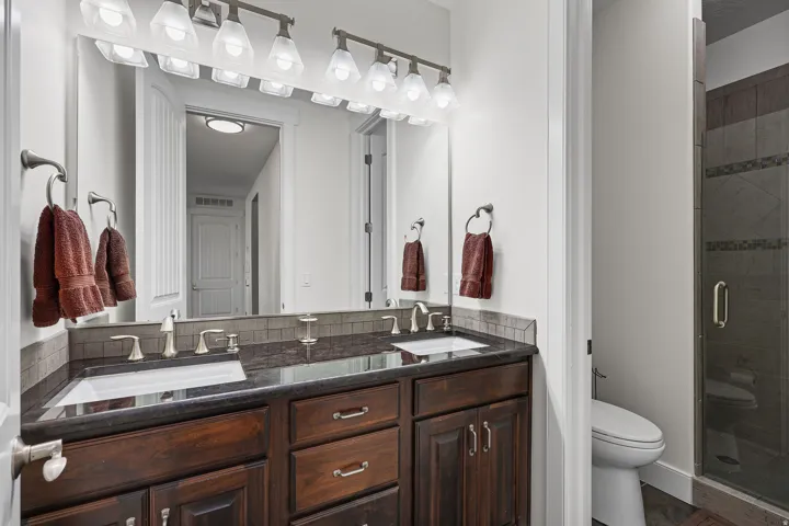 Double vanity featuring dark wood cabinetry, dual undermount sinks, and a dark countertop with a tiled backsplash