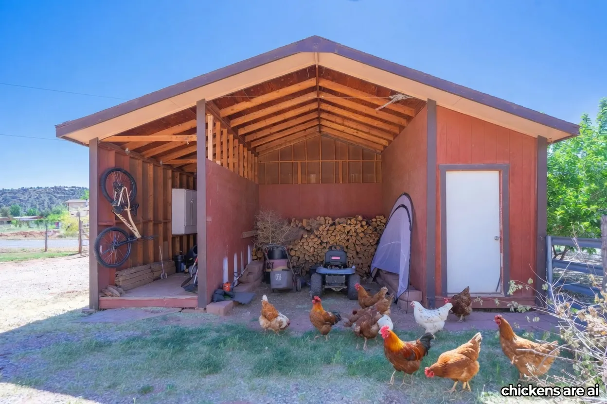 Red-painted outbuilding featuring a sloped roofline and exposed wood rafters