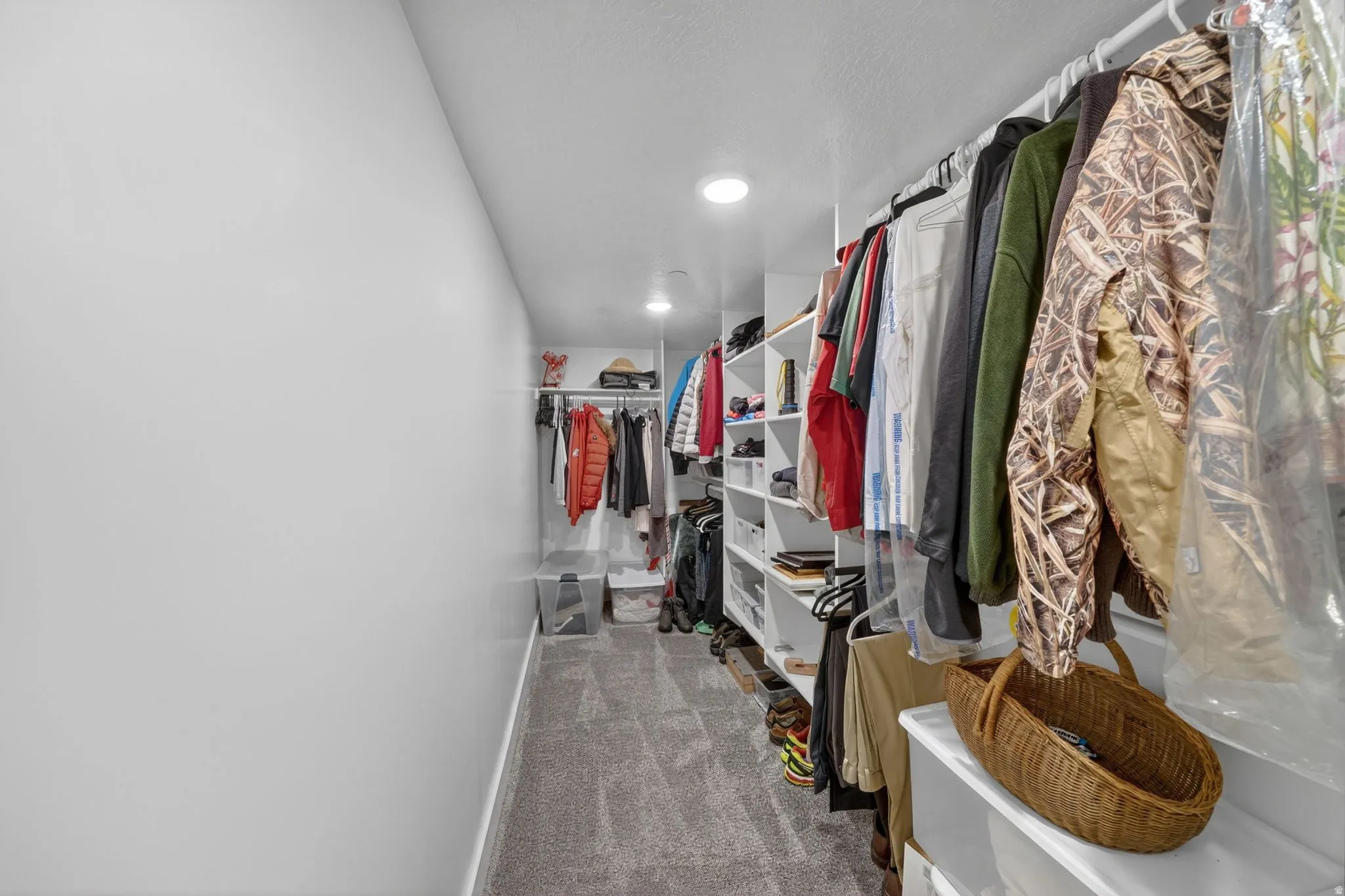 Mother in Law - Walk-in closet featuring built-in shelving, hanging rods, recessed lighting, and grey carpet flooring