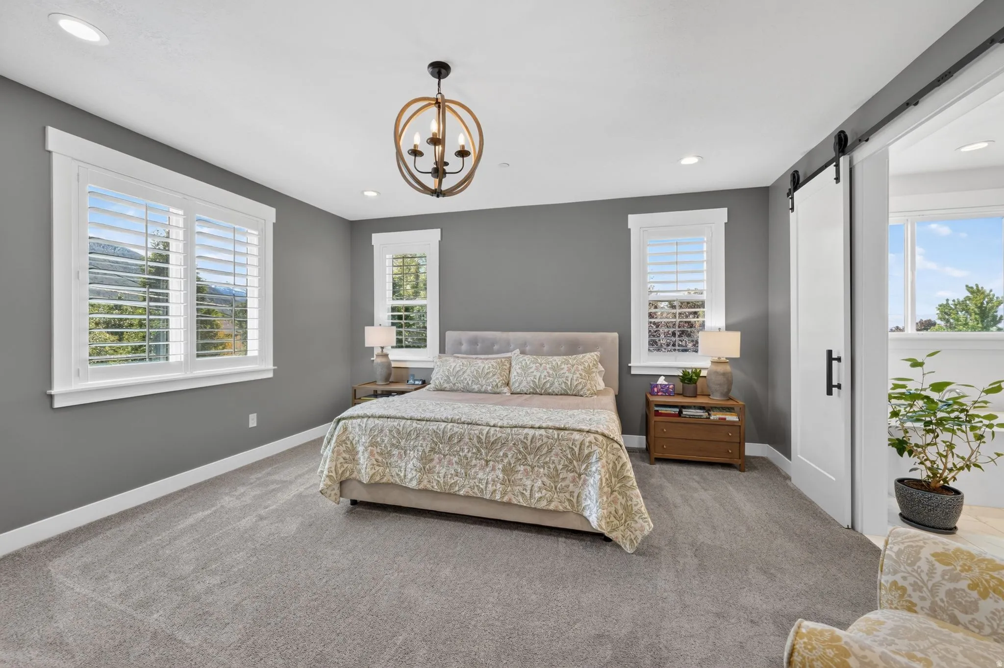 Room with gray walls and light gray carpet