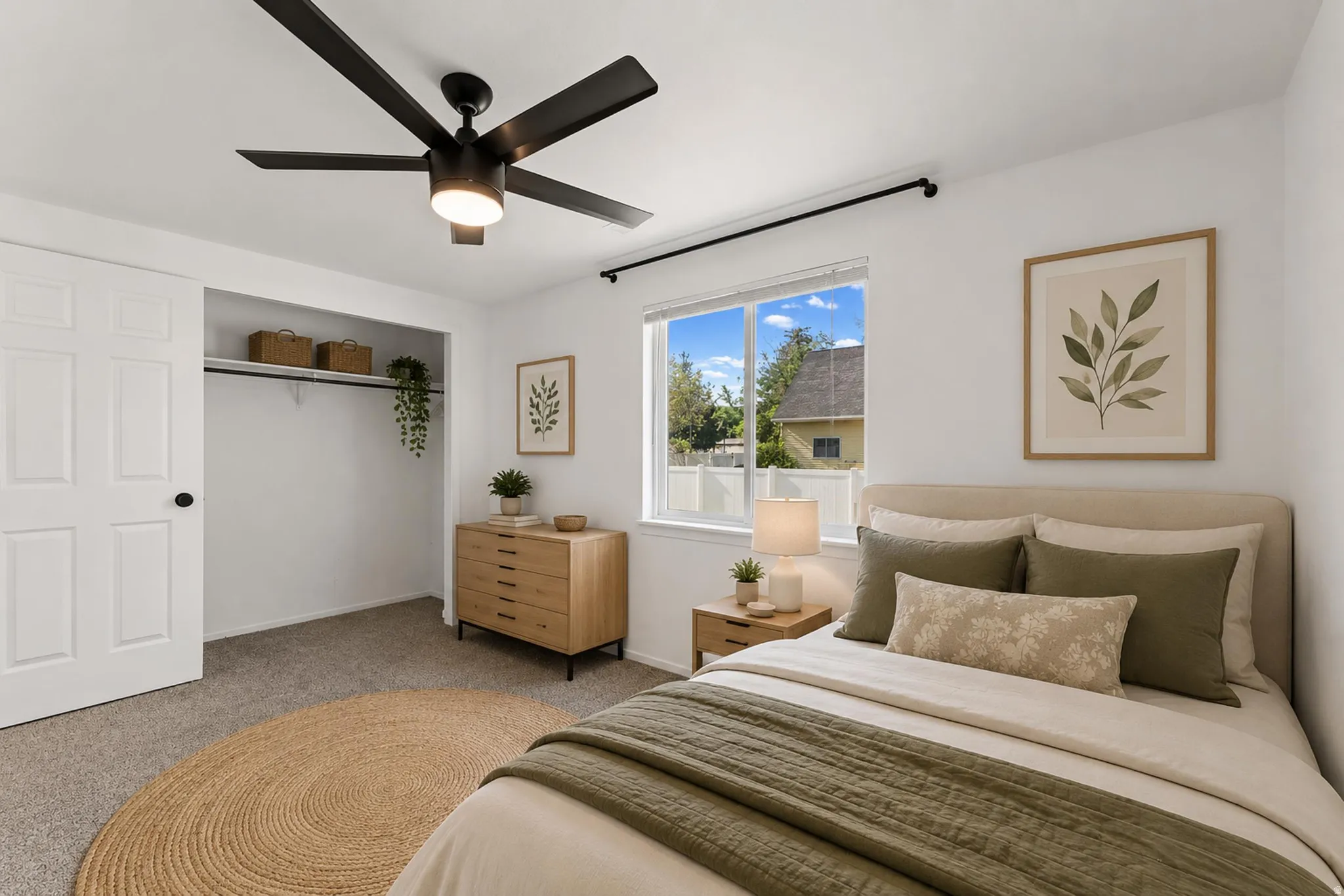 Carpeted room featuring a ceiling fan with integrated lighting, a window providing natural light, and a closet with a bifold door