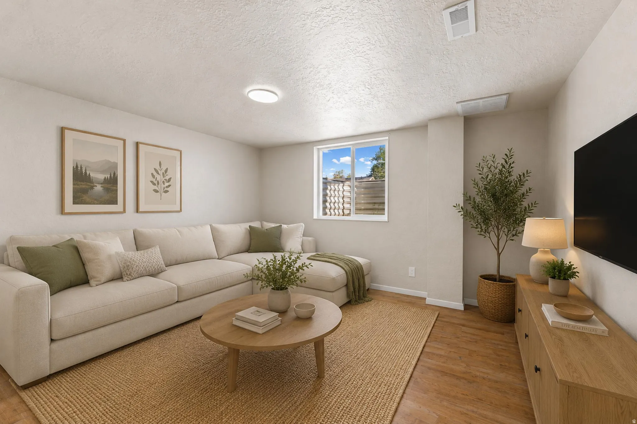 Living area with wood-finish flooring, a window providing natural light, and recessed ceiling lighting
