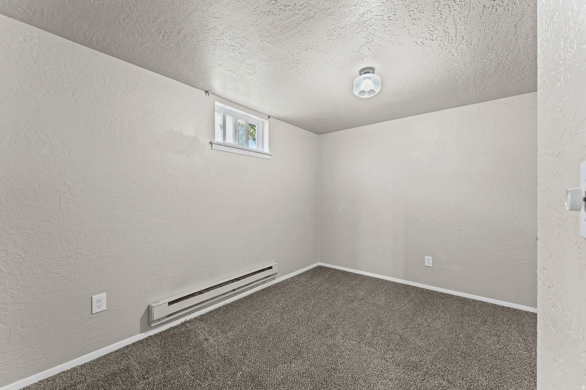 Carpeted room featuring a white baseboard, a window with white trim, a mounted light fixture, and an electrical baseboard heater