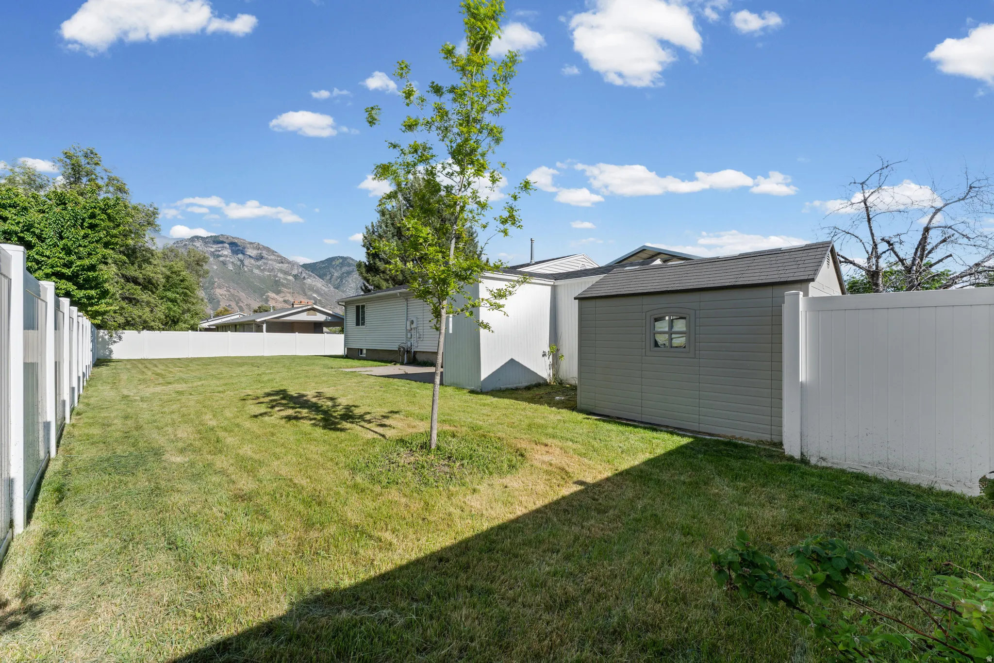 Expansive backyard featuring a large lawn, full perimeter fencing, and a detached storage shed with a window