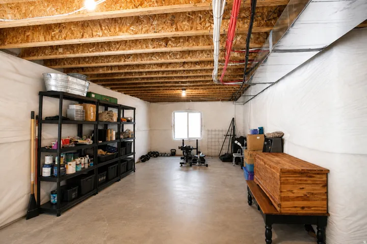 Unfinished basement featuring exposed wood joists, concrete flooring, and a single window