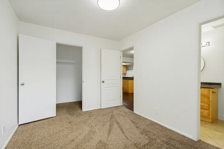 Carpeted room with white walls, a single ceiling light fixture, and a closet with bifold doors