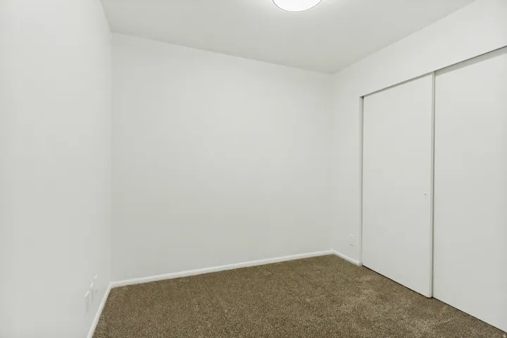 Room featuring light neutral wall paint, brown carpet, white baseboards, and a white sliding closet door