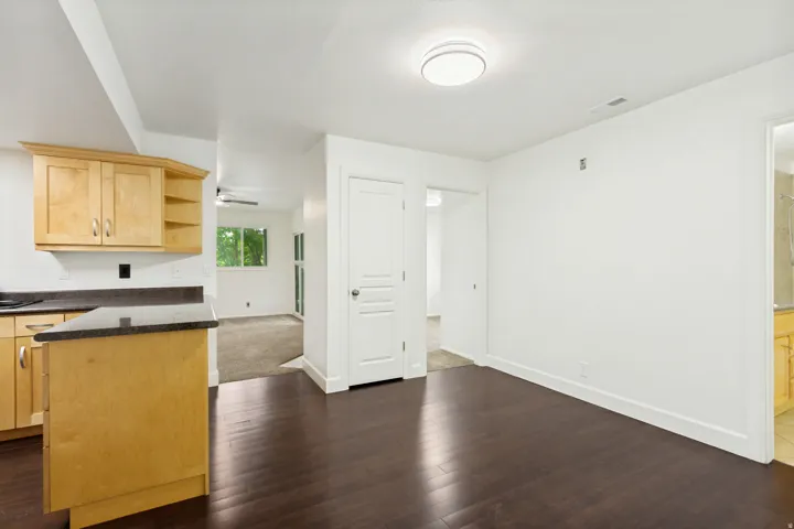 Kitchenette featuring light wood cabinetry and dark countertops