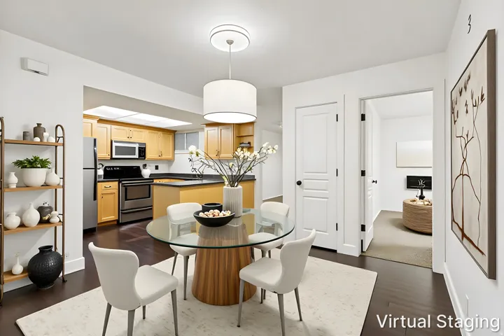 Dining area featuring dark wood-finish flooring and a contemporary pendant light fixture