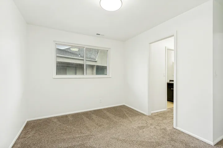 Room with plush carpet flooring, white painted walls, and a white trim baseboard