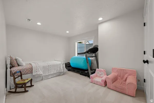 Neutral tone wall paint with recessed lighting, carpeted flooring, and a single window with a window well