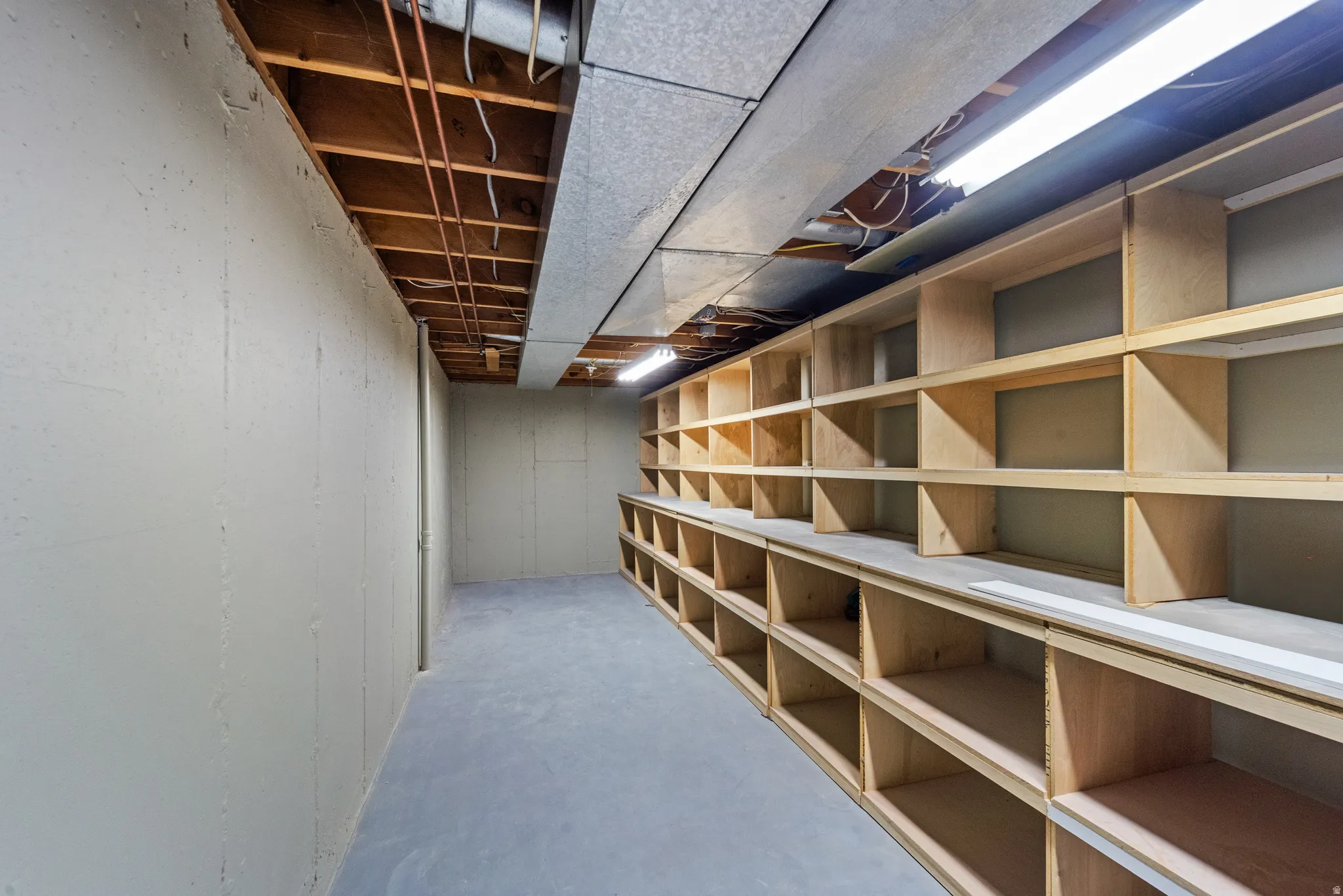 Lower level storage area featuring extensive built-in shelving, painted concrete walls, and concrete flooring