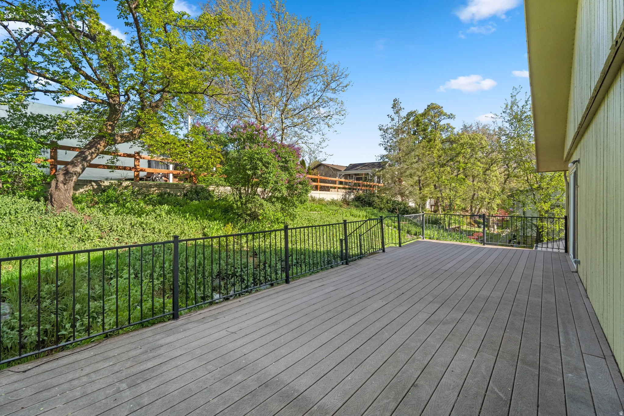 Expansive outdoor deck featuring wood-finish composite decking and black metal railings