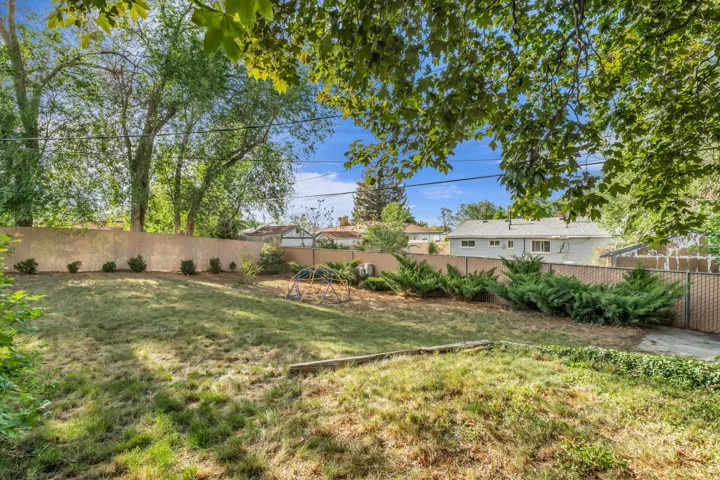 Expansive sloped backyard featuring mature perimeter trees, a stone retaining wall, and established shrubbery along the rear fence line