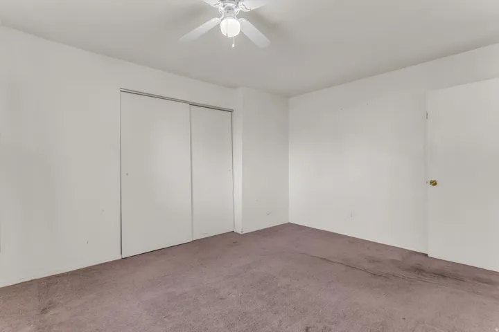Neutral-toned room featuring a white ceiling fan with light fixture, white walls, and brown carpet flooring