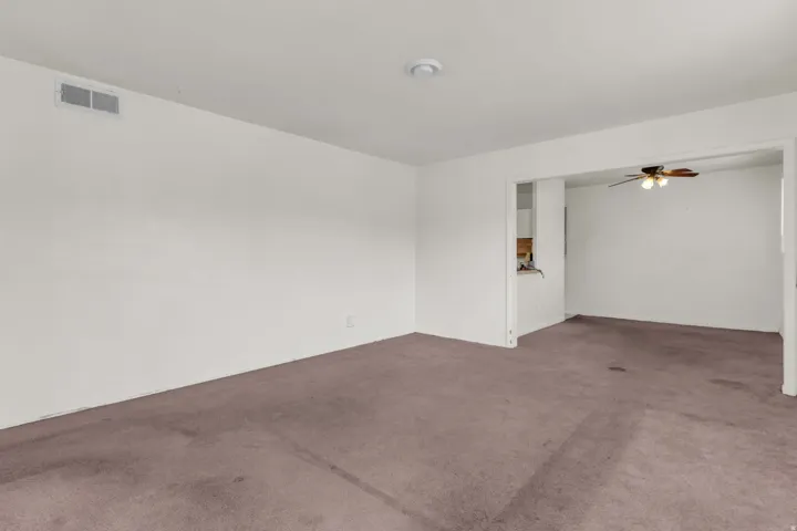 Carpeted living area with white walls and a ceiling-mounted light fixture