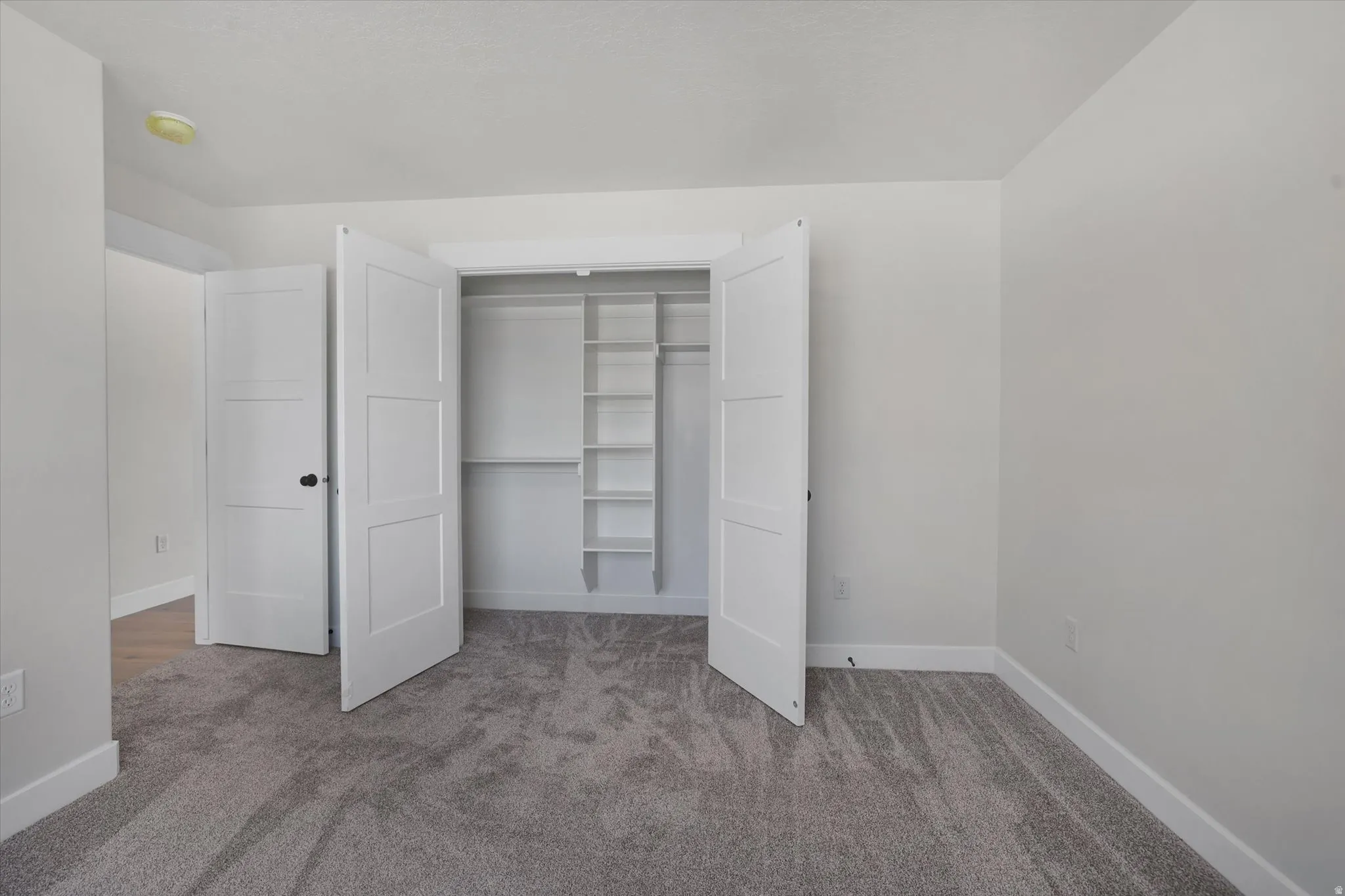 Room featuring light gray carpeting, white walls, and a built-in closet with shelving and hanging rods
