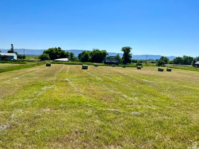 Expansive green field with visible hay bales and distant mountains