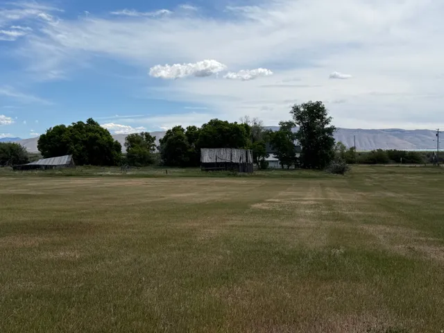 Expansive green field featuring distant mountains, multiple mature trees, and several agricultural structures