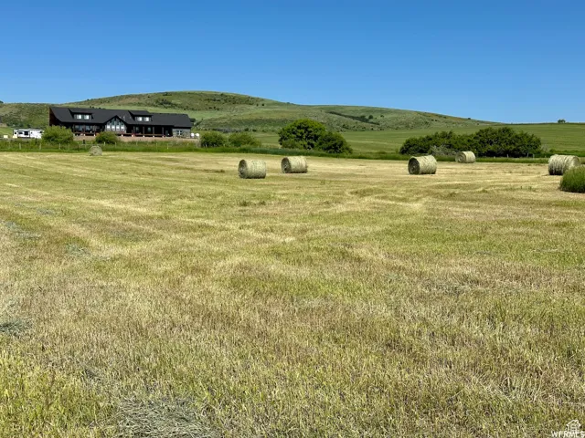 Expansive hay field with rolled bales, backed by a distant dark-toned residence featuring multiple gables and a covered porch