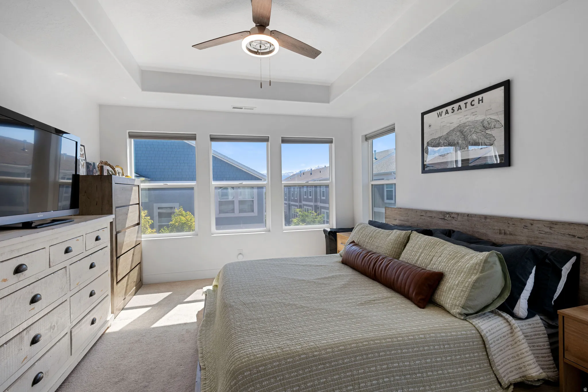 Bedroom featuring a tray ceiling with a ceiling fan, three horizontal windows with roller shades, and light-colored carpet flooring
