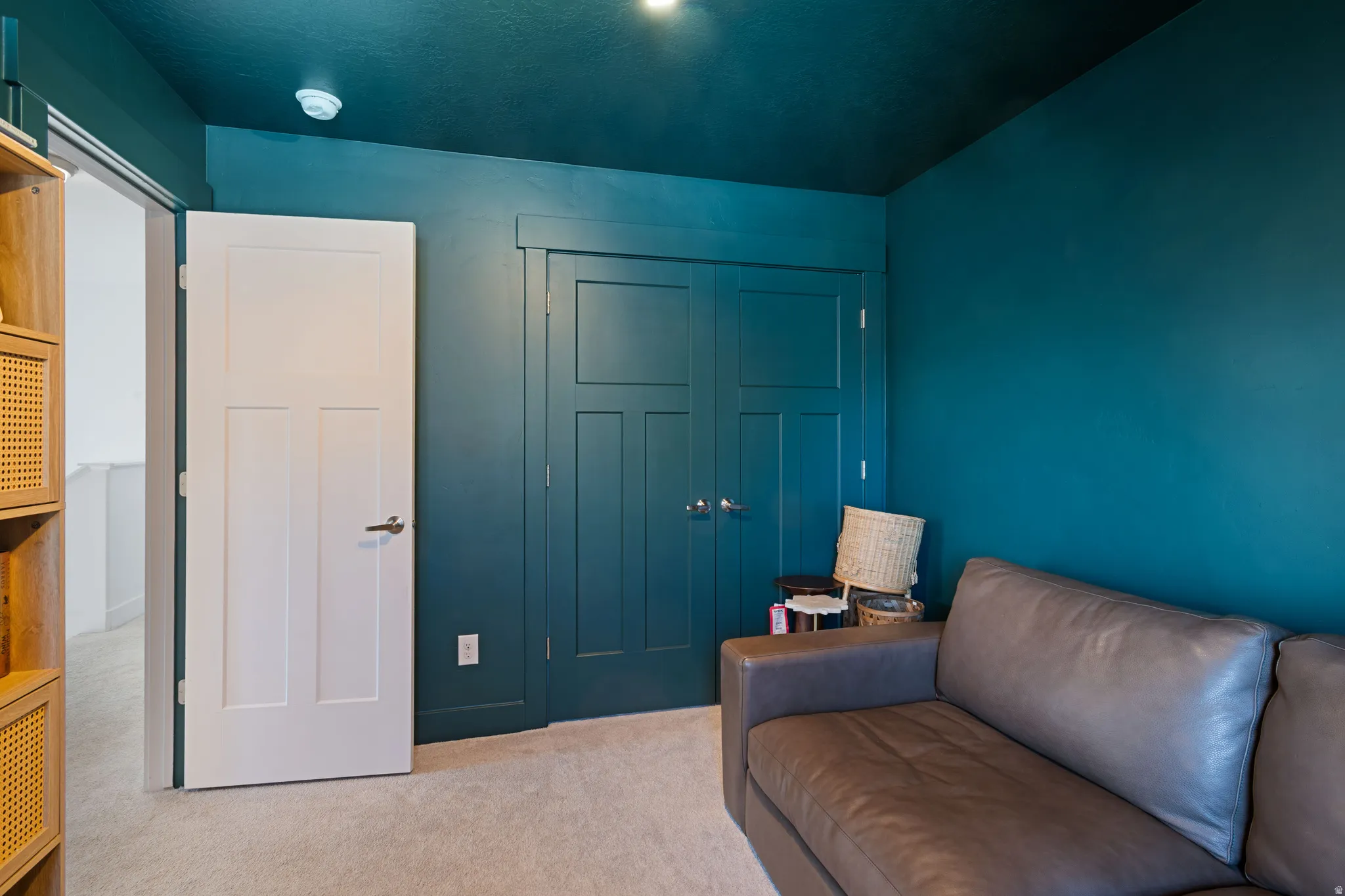 Room featuring deep teal walls and ceiling, carpeted flooring, and a white paneled interior door