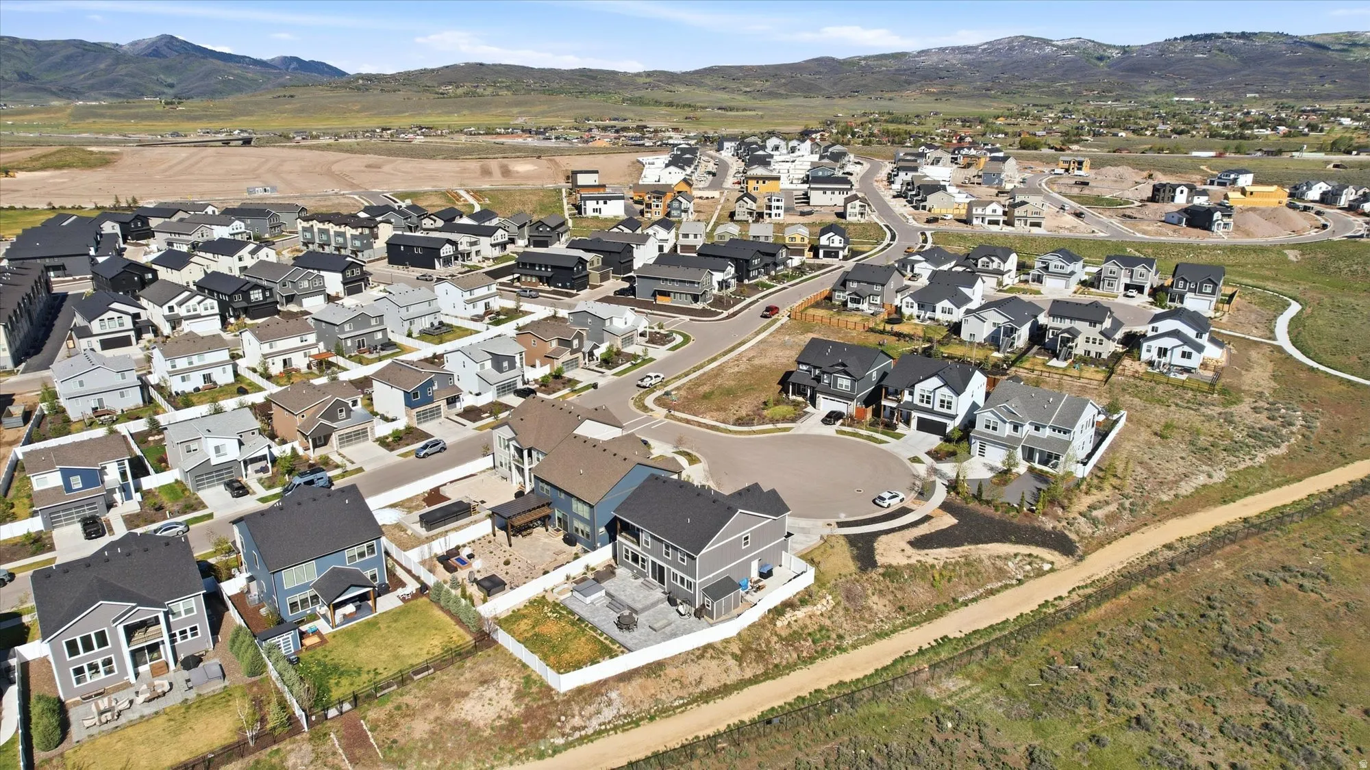 Residential community featuring a variety of single-family homes with diverse architectural styles, paved streets, and a cul-de-sac
