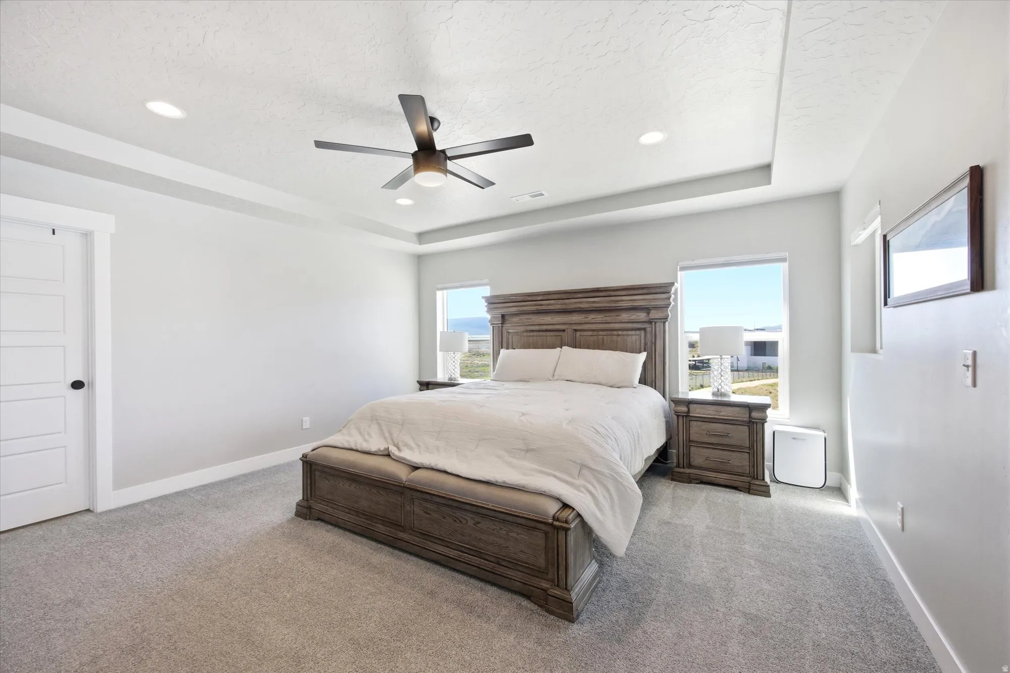 Carpeted bedroom with a tray ceiling and recessed lighting