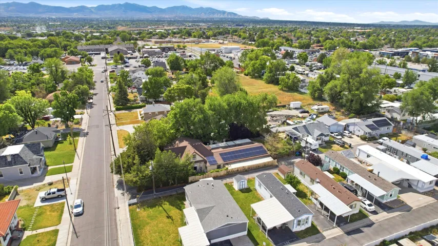 Aerial perspective showcasing a residential area with various property types