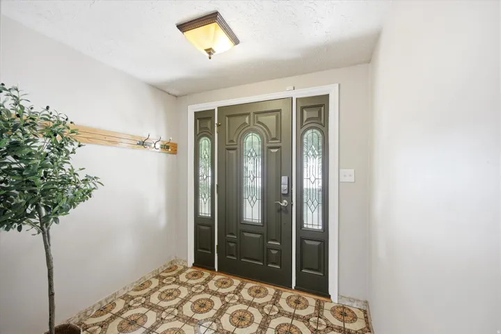 Entryway featuring a dark paneled door with decorative glass sidelights