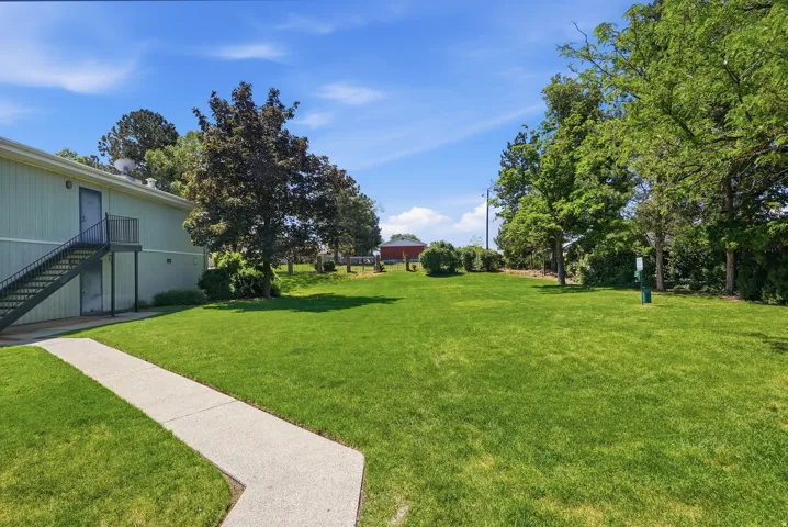 Expansive green space featuring a concrete pathway and mature trees