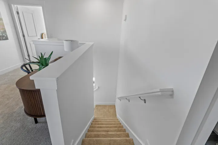 Carpeted staircase with white walls and a white handrail