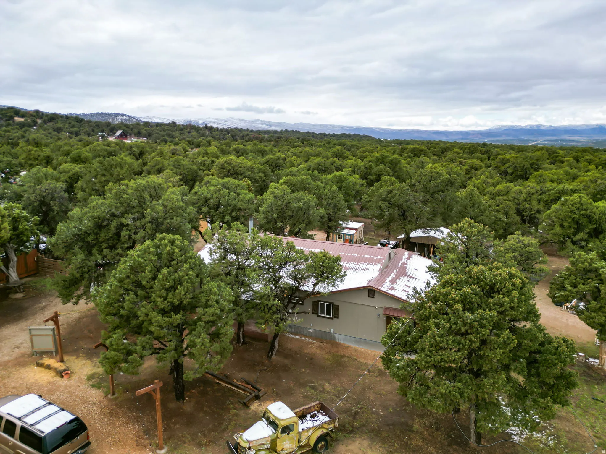 Sprawling treed landscape surrounding a single-story residence with a metal roof and light-colored siding