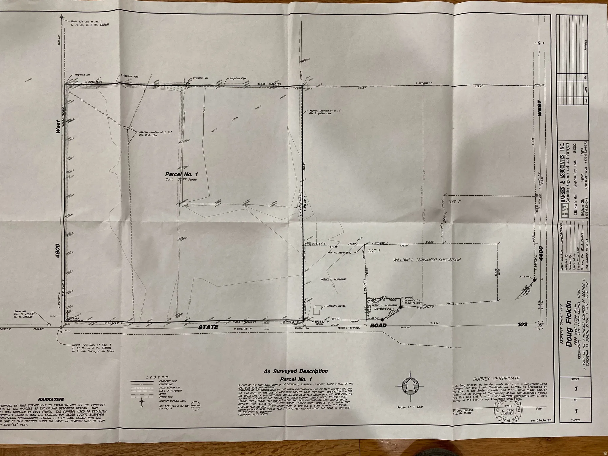 Property Survey Plat. Outlining the surveyed description of Parcel No