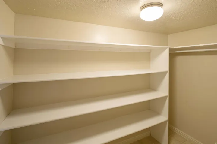 Walk-in closet featuring extensive built-in shelving, a garment rod, and a flush-mount ceiling light fixture