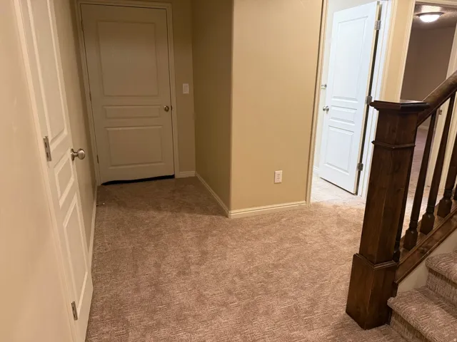 Textured carpet flooring, neutral painted walls, white paneled doors, and a dark wood newel post