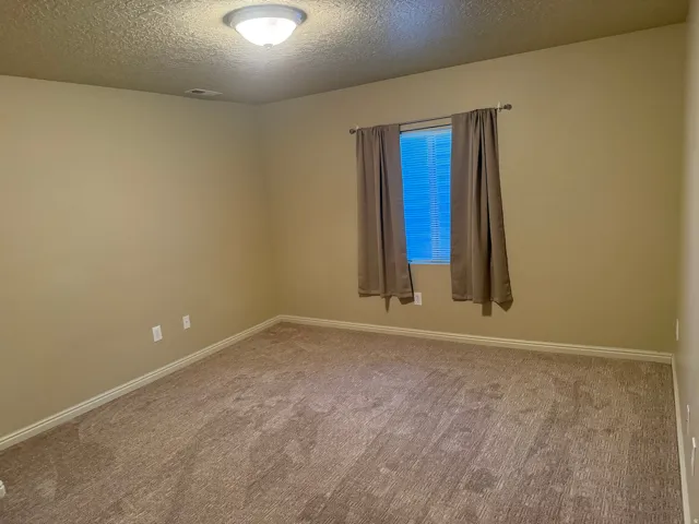 Carpeted room with a single window featuring blinds and drapes, neutral wall paint, and a ceiling-mounted light fixture