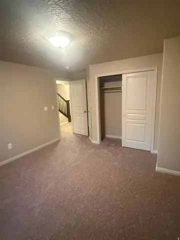 Wall-to-wall carpeting, neutral wall finishes, flush mount ceiling light fixture, and a built-in closet with sliding panel doors