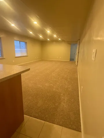 Spacious room featuring recessed lighting, a neutral carpeted floor, and multiple windows