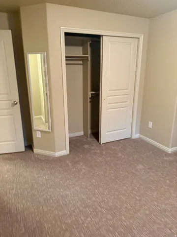 Built-in closet with sliding doors, neutral carpeting, and a full-length wall mirror