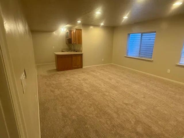 Recessed lighting, light-toned carpeting, wood cabinetry, built-in sink, and windows with horizontal blinds