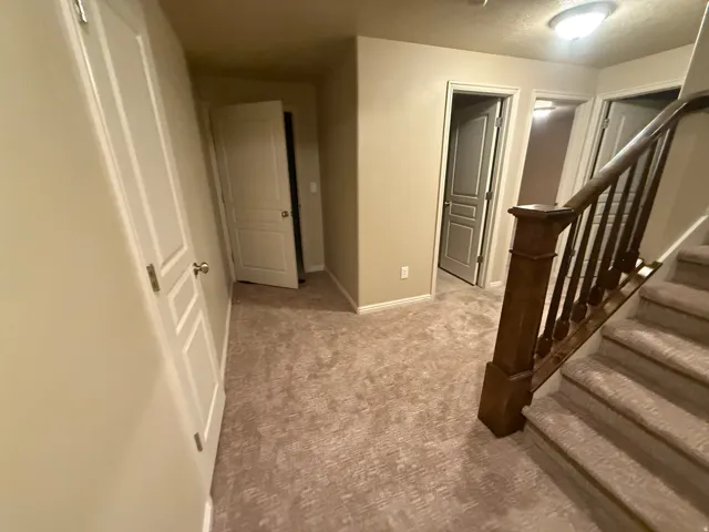 Carpeted flooring extending through a hallway, featuring multiple paneled doors and a staircase with a wood newel post and balusters